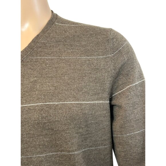 Banana Republic Men’s Sweater M Brown Blue/Grey White Thin Stripes  Wool V-neck - Picture 9 of 15